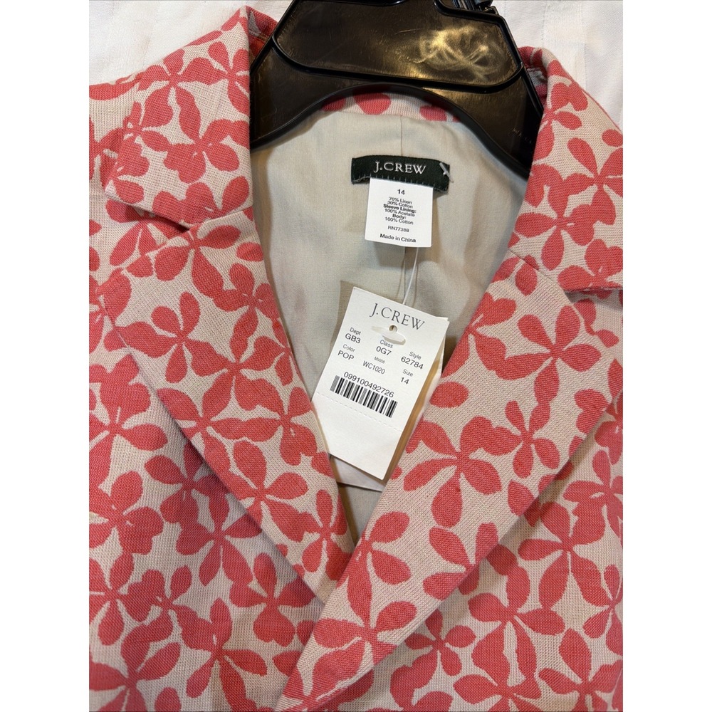 NWT J Crew Linen Floral Crop Peplum Jacket Blazer Sz 14 Notch Lapel Coral Tan